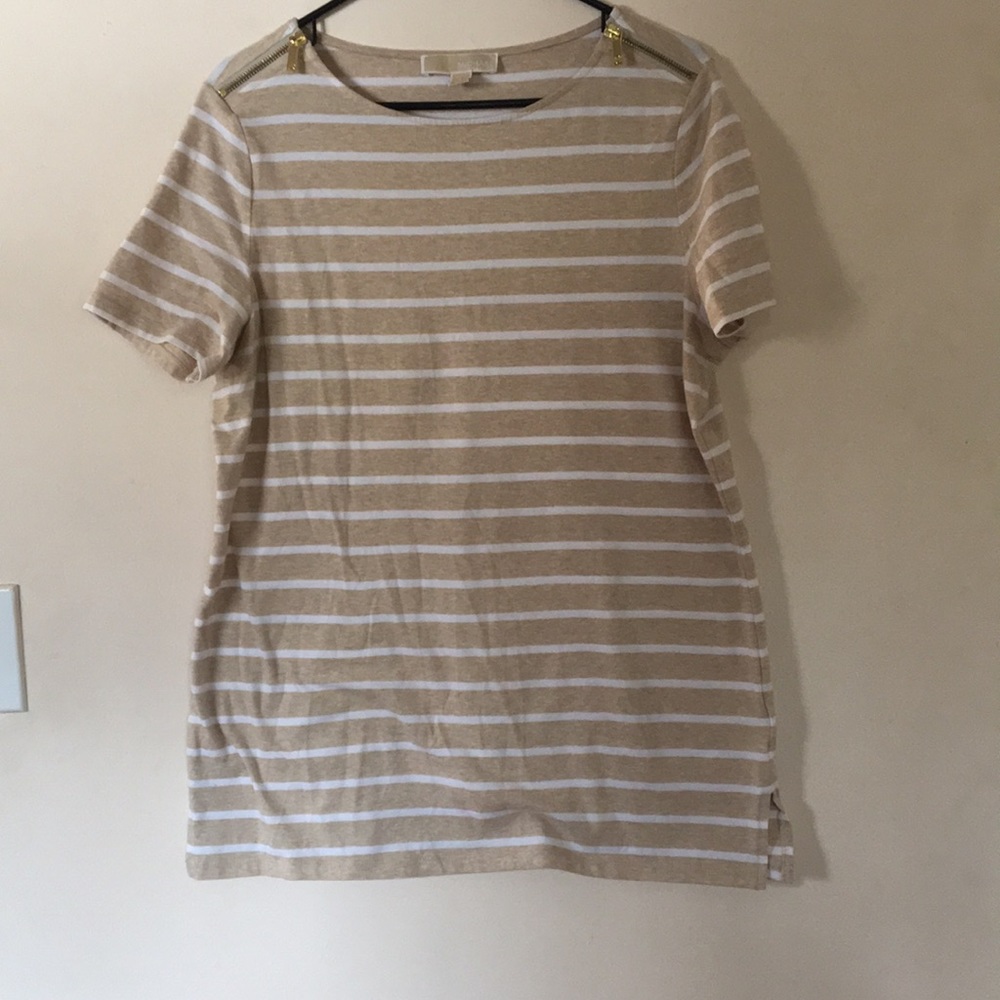 MK tan striped shirt with gold shoulder zippers